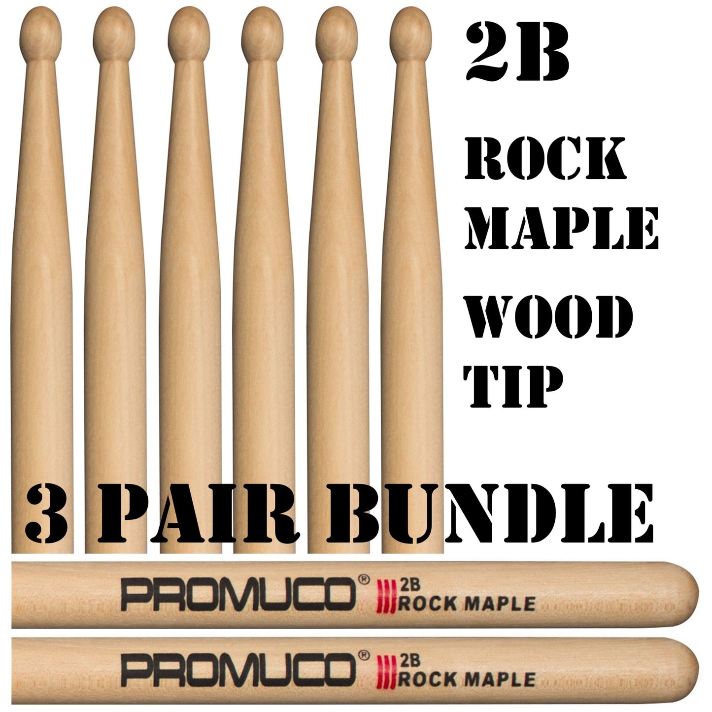 Promuco Rock Maple Drumsticks Bundle 3 Pairs 2B Wood Tip