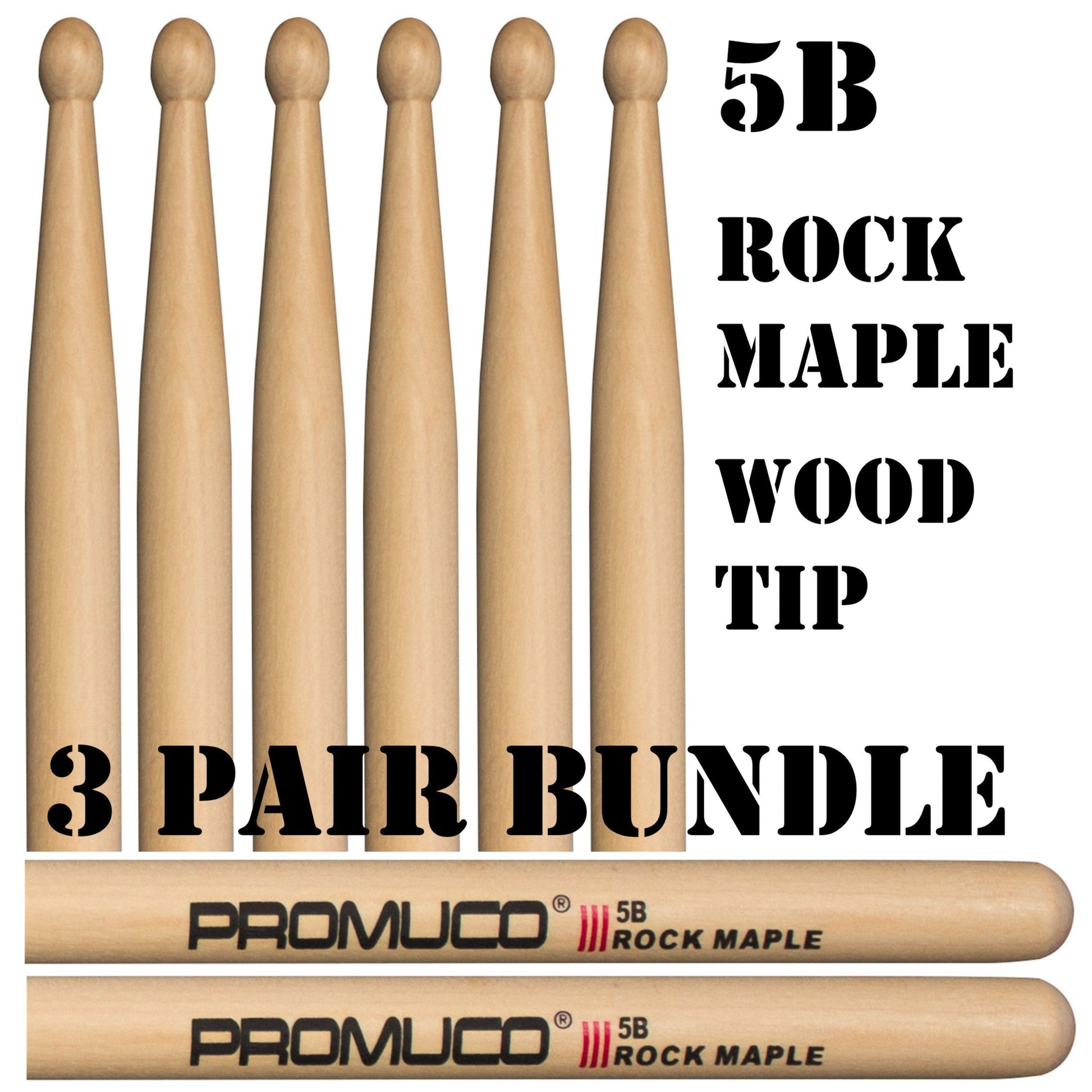 Promuco Rock Maple Drumsticks 5B Wood Tip Bundle 3 Pairs