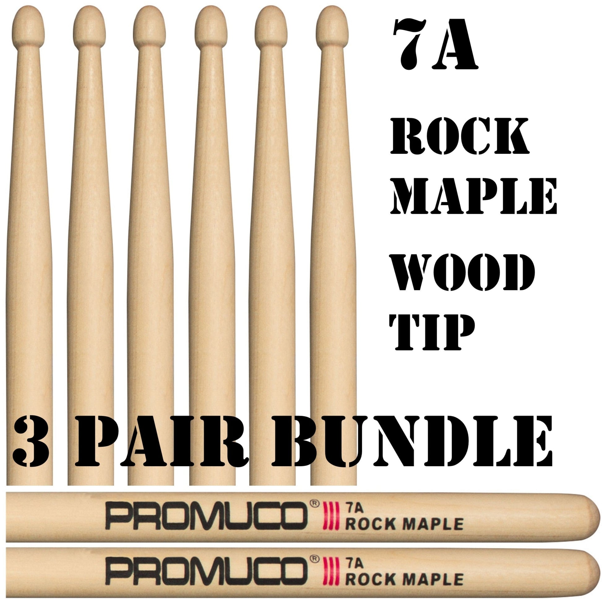 Promuco Rock Maple Drumsticks Bundle of 3 Pairs 7A Wood Tip