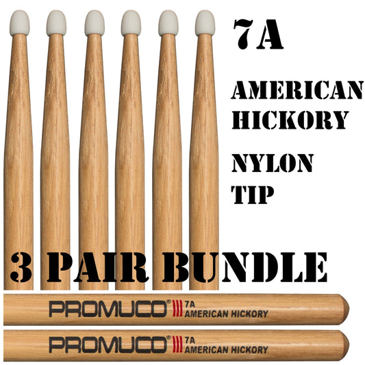Promuco American Hickory Drumsticks 7A Nylon Tip 3 Pair Bundle