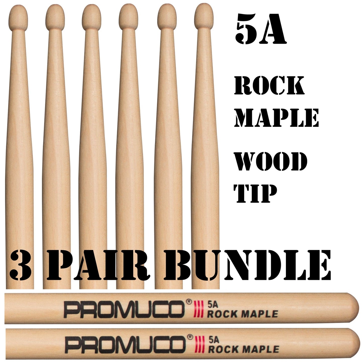 Promuco Rock Maple Drumstick Bundle 3 Pairs 5A Wood Tip