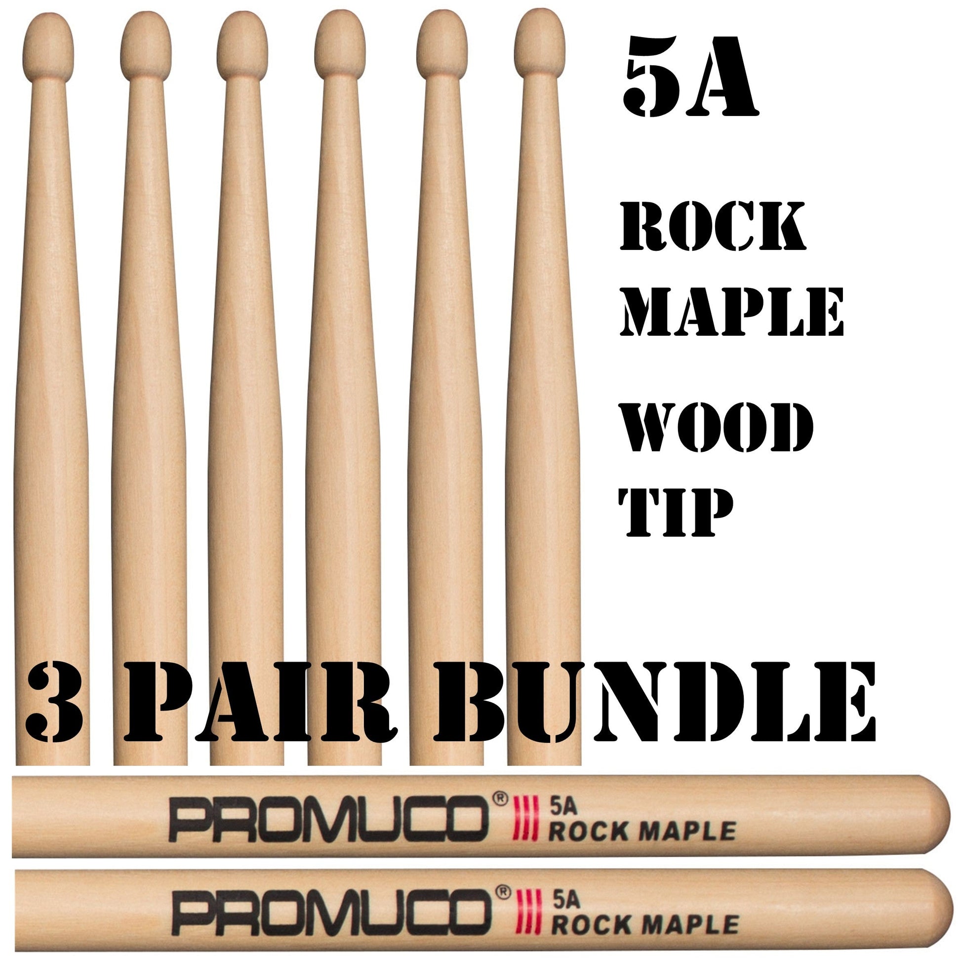 Promuco Rock Maple Drumstick Bundle 3 Pairs 5A Wood Tip