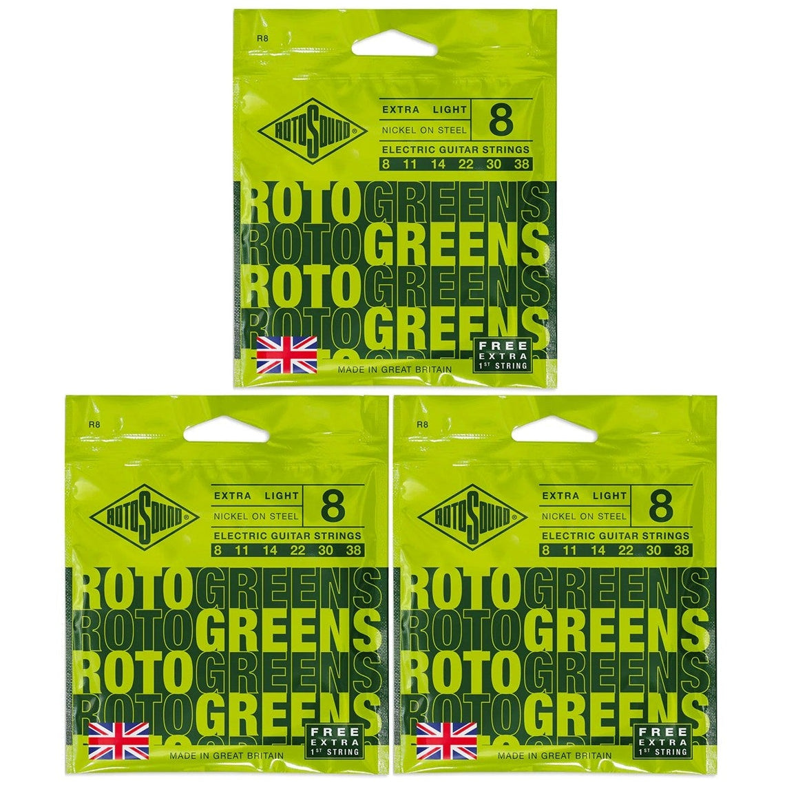 Electric Guitar Strings 8-38 Greens R8 3 SETS RotoSound Extra Light