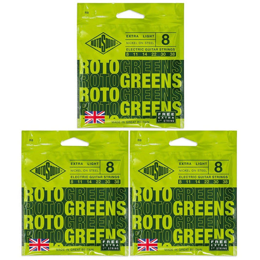 Electric Guitar Strings 8-38 Greens R8 3 SETS RotoSound Extra Light