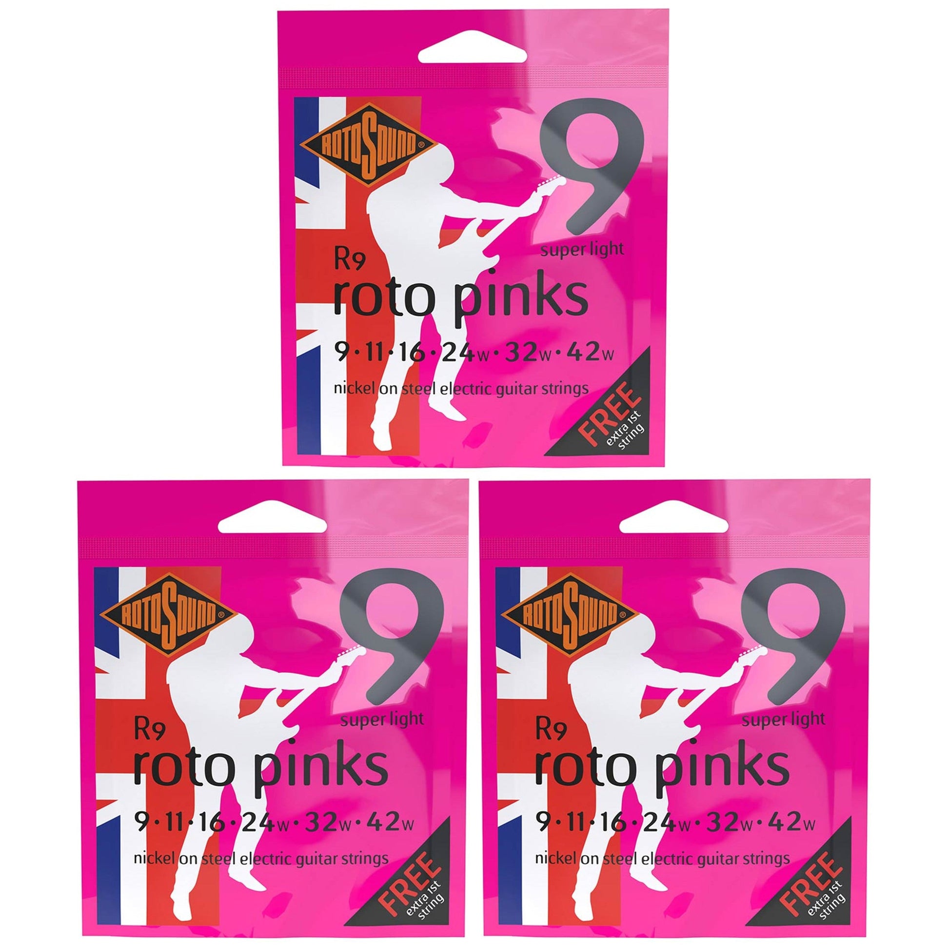 Rotosound Electric Guitar Strings 9-42 Pinks R9 3 SET BUNDLE