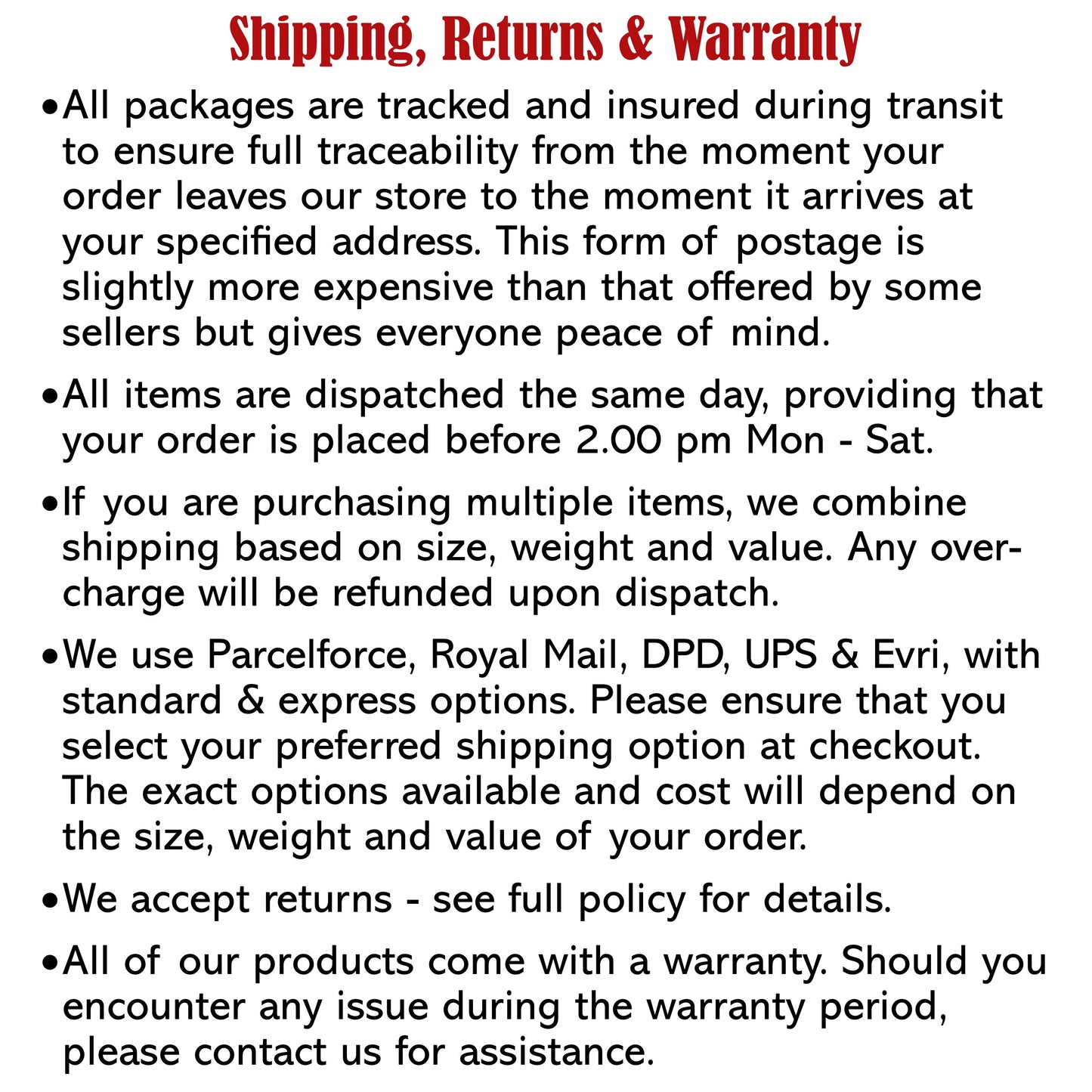 Shipping Returns Warranty
