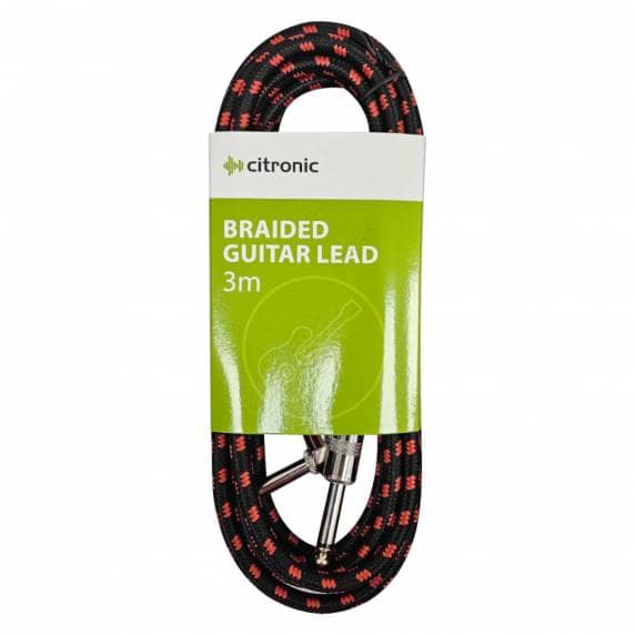 Citronic Retro Braided Guitar Lead 6.3mm Angled to Mono 1/4" Jack Plug BLACK/RED