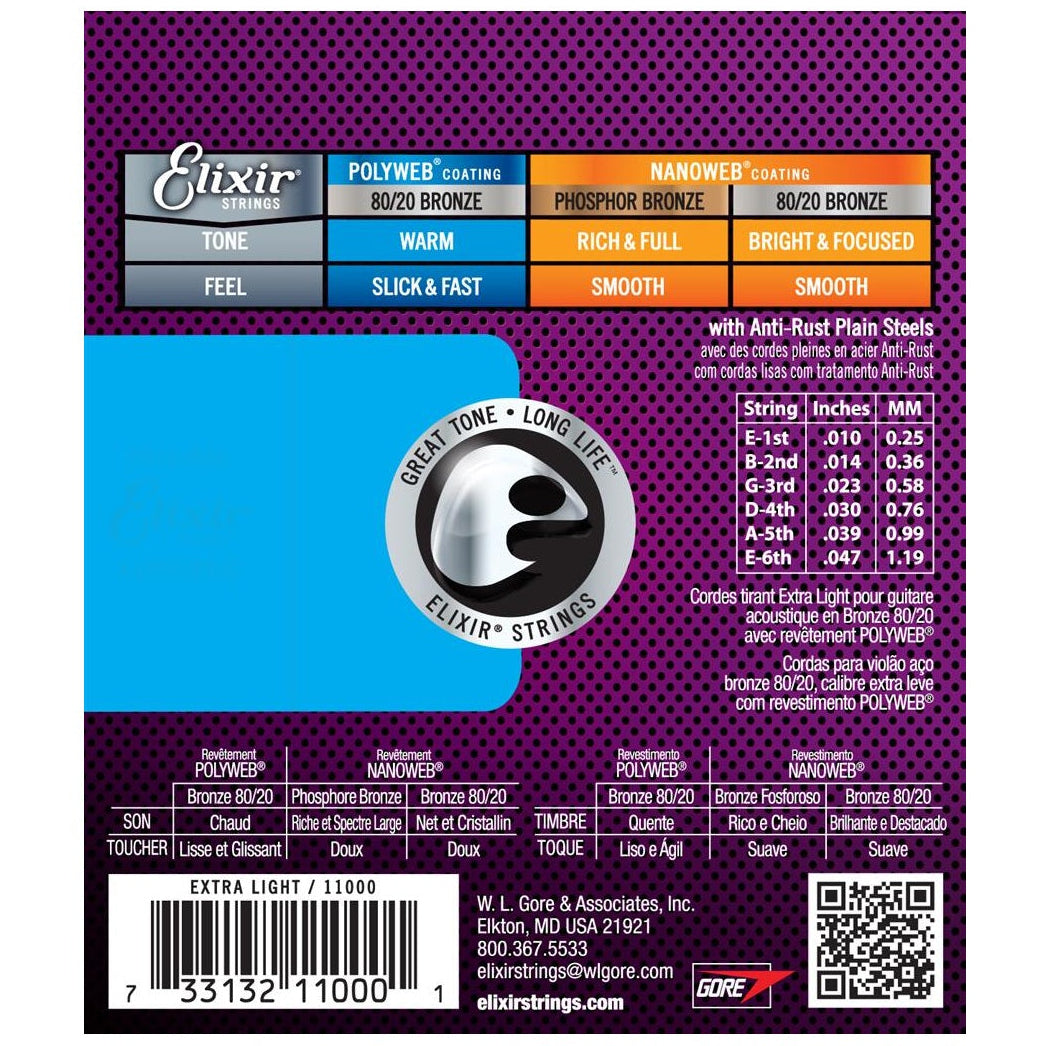 Elixir Bronze Acoustic Guitar String Set POLYWEB Coating Extra Light 10-47