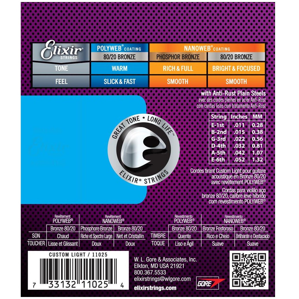Elixir Bronze Acoustic Guitar Strings Set POLYWEB Coating Light 11-52