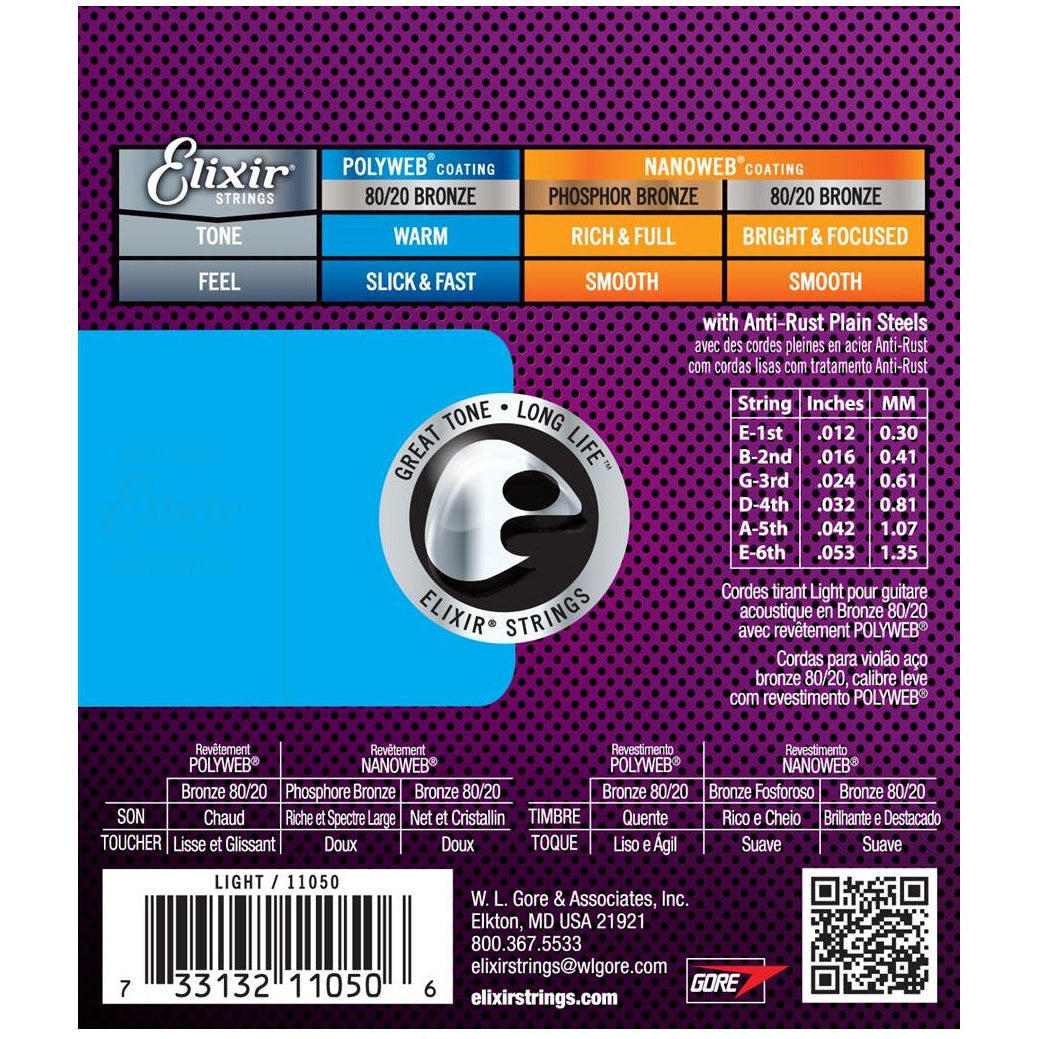 Elixir Bronze Acoustic Guitar Strings Set POLYWEB Coating Light 12-53
