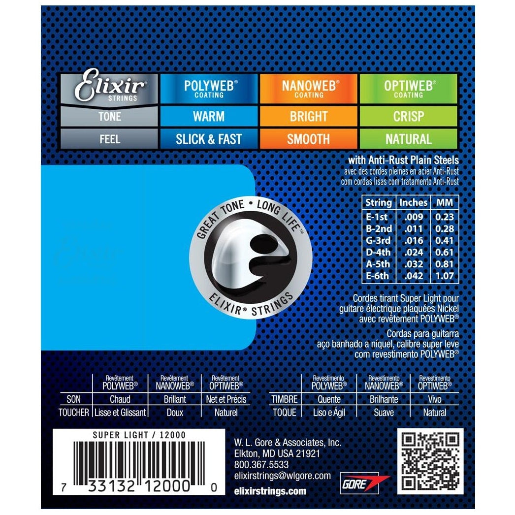 Elixir Electric Guitar Strings Set POLYWEB Coating Light .009-.042 E12000