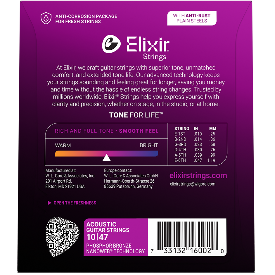 Elixir Phosphor Bronze Acoustic Guitar String Set NANOWEB Coating X-Light 10-47