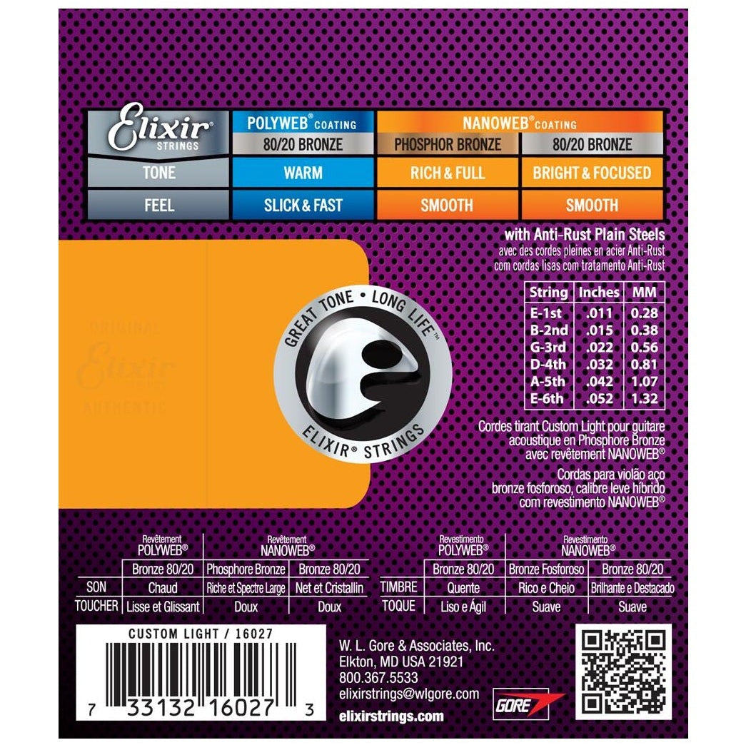 Elixir Phosphor Bronze Acoustic Guitar Strings Set NANOWEB Coating Light 11-52