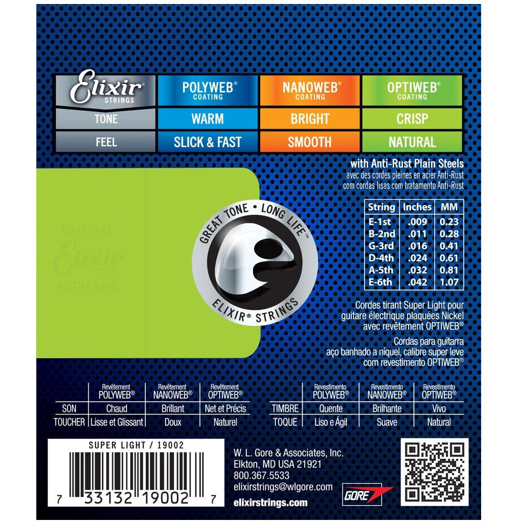 Elixir Electric Guitar Strings Set OPTIWEB Coating Super Light .009-.042 E19002