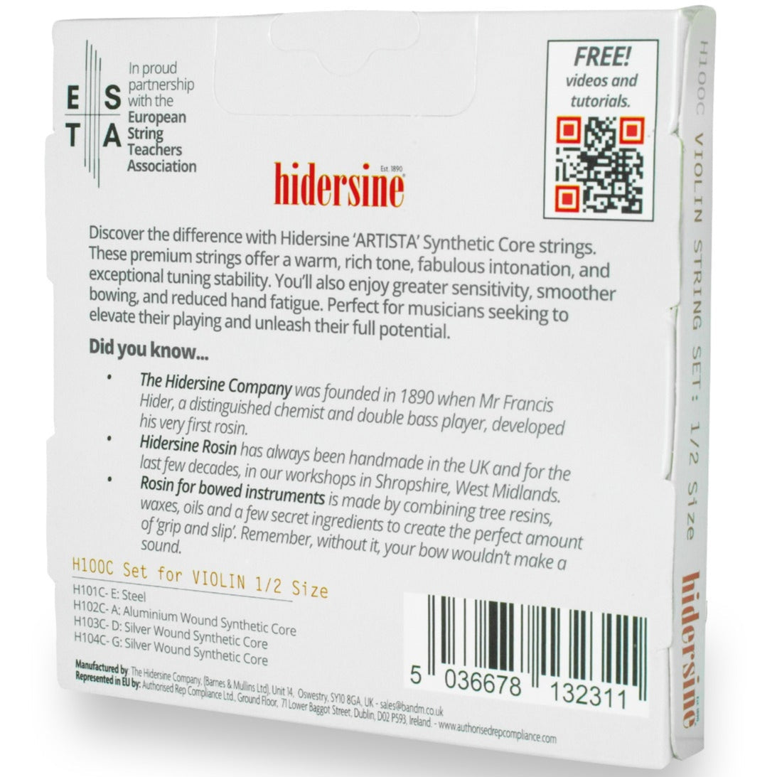 Hidersine Artista Violin String SET Synthetic Core 1/2 & 1/4 Size H100C