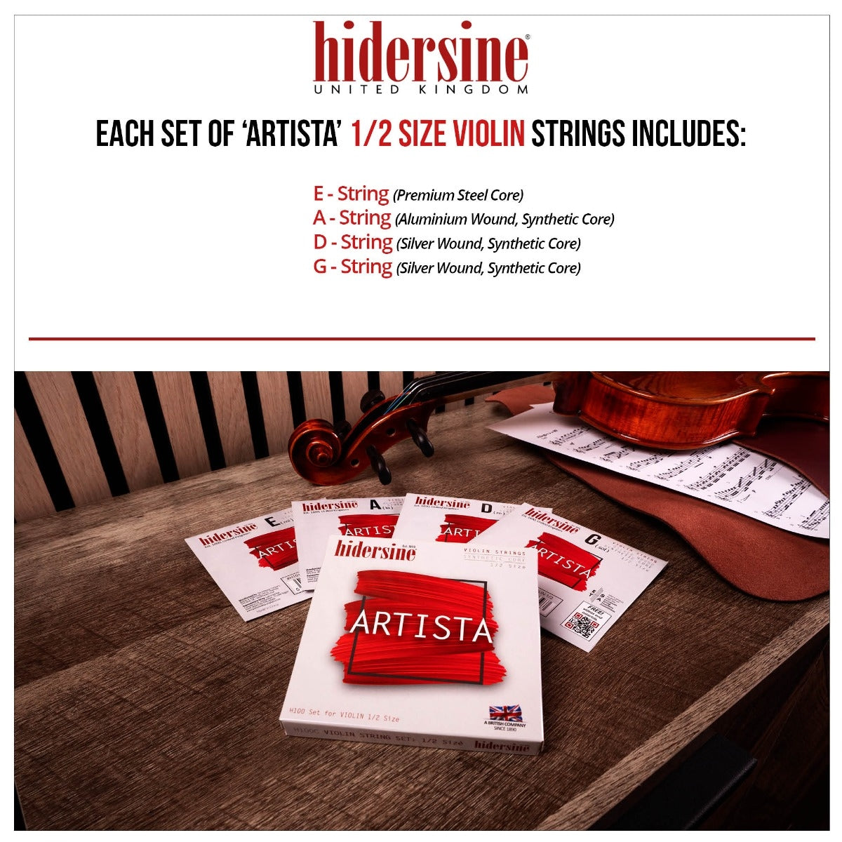 Hidersine Artista Violin String SET Synthetic Core 1/2 & 1/4 Size H100C
