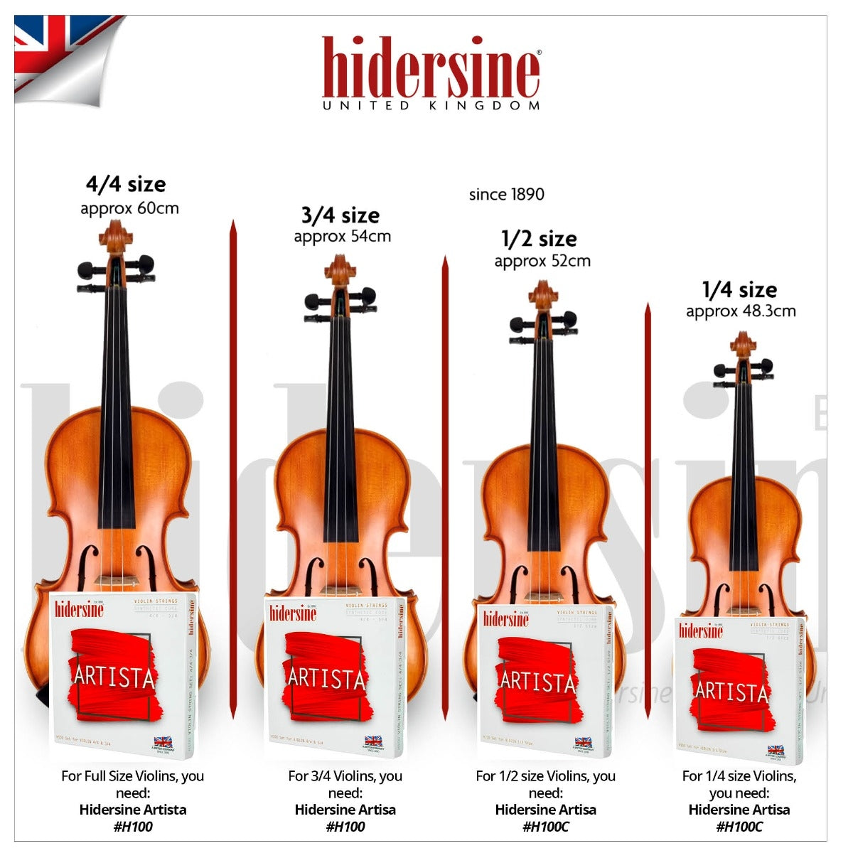 Hidersine Artista Violin String SET Synthetic Core 1/2 & 1/4 Size H100C