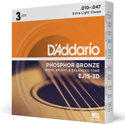 D'Addario Phosphor Bronze Acoustic Guitar Strings 3 Set Pack 10-47 EJ15-3D