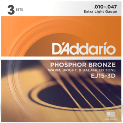 D'Addario Phosphor Bronze Acoustic Guitar Strings 3 Set Pack 10-47 EJ15-3D
