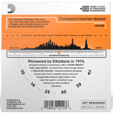 D'Addario Phosphor Bronze Acoustic Guitar Strings Set 10-47 Extra Light