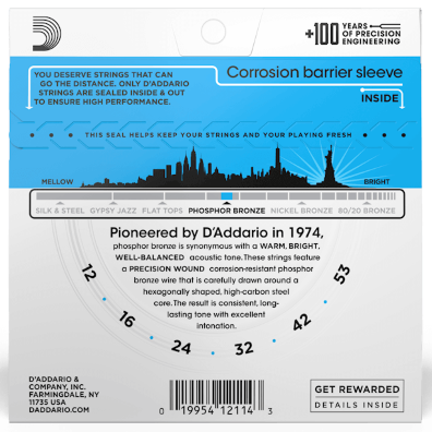 D'Addario Phosphor Bronze Acoustic Guitar Strings 12-53 Light EJ16