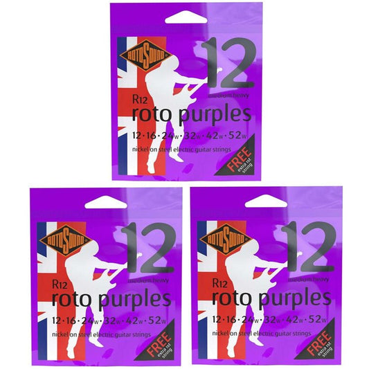 Rotosound Purples Electric Guitar Strings 12-52 3 Set Bundle R12
