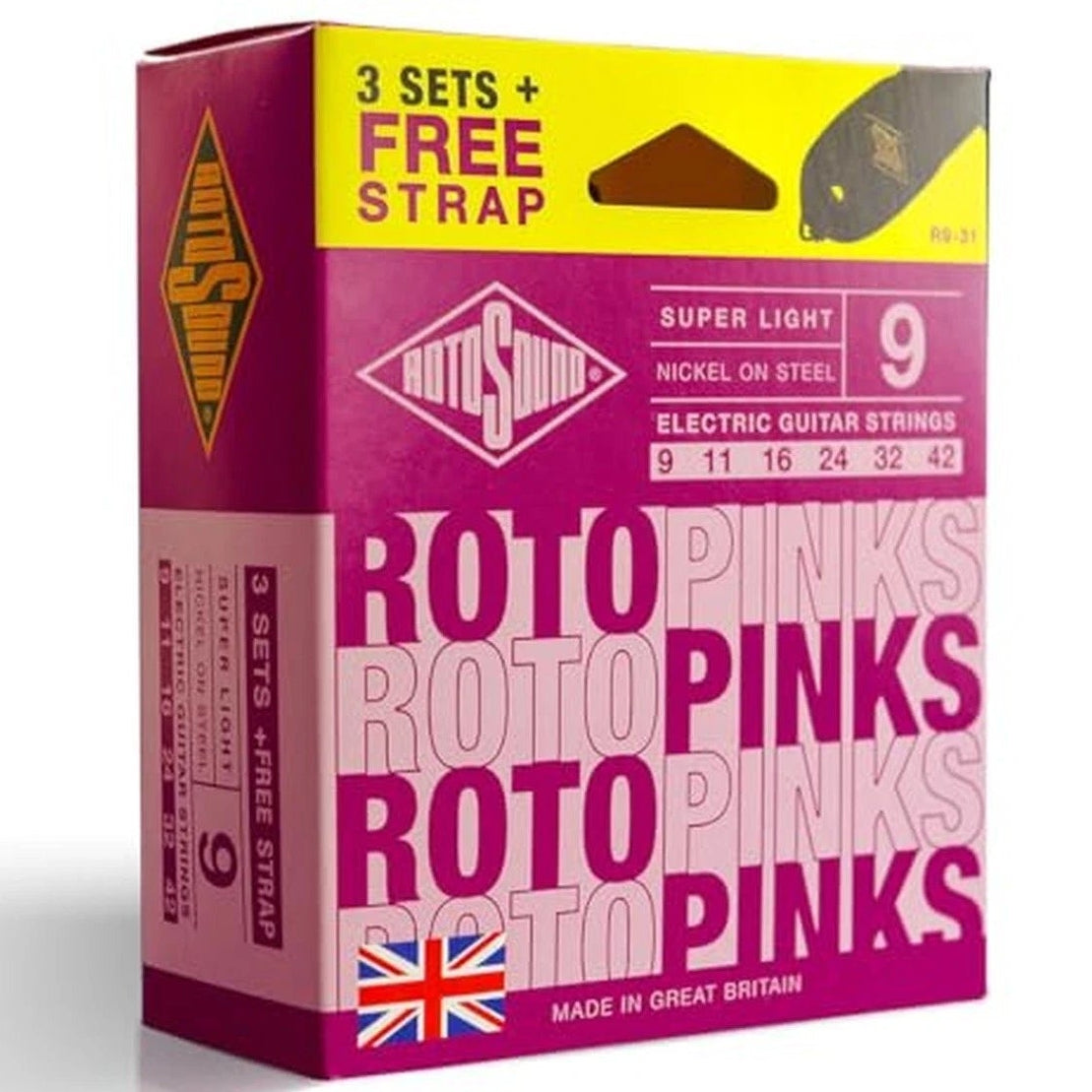 Rotosound Electric Guitar Strings 9-42 Pinks 3-Pack FREE STRAP.
