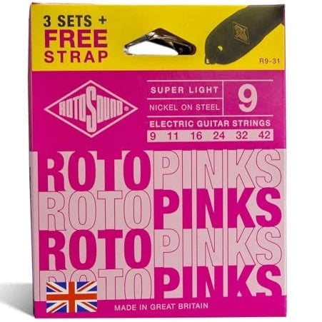 Rotosound Electric Guitar Strings 9-42 Pinks 3-Pack FREE STRAP.