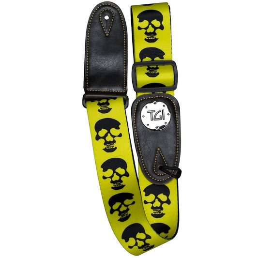 TGI Guitar Strap Black Skulls On Yellow Nylon Weave