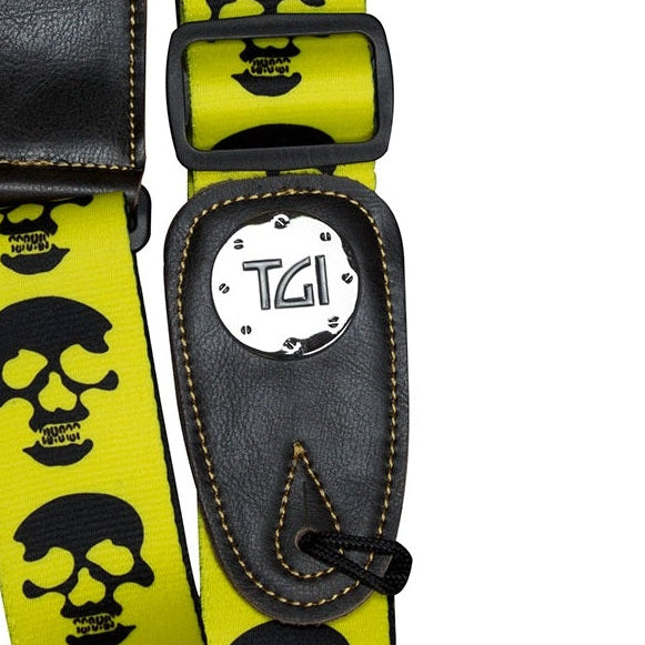 TGI Guitar Strap Black Skulls On Yellow Nylon Weave