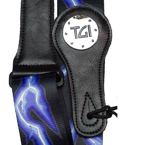 TGI Guitar Strap Blue Lightning On Black Nylon
