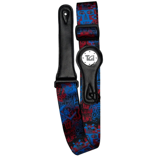 TGI Guitar Strap Blue Tribal Theme On Black Nylon